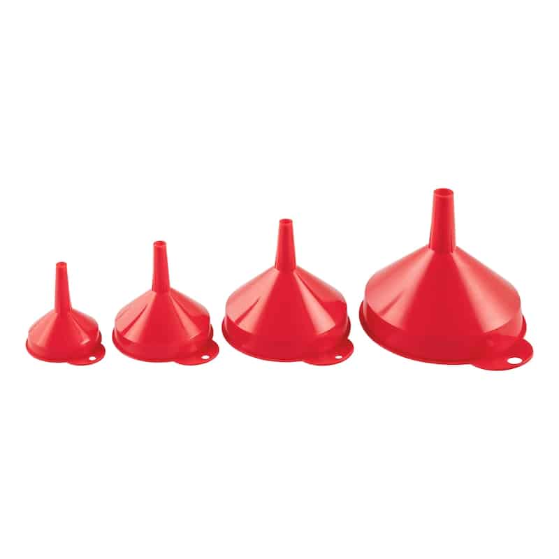 Lot De 4 Entonnoirs En Plastique Rouge - Diamètres 50, 70, 90 Et 115 Mm - Pour Cuisine, Mécanique, Jardinage